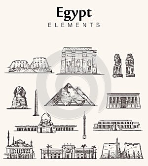 Set of hand-drawn Egypt buildings sketch vector illustration.