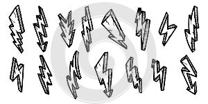 Set of hand drawn electric lightning bolt symbol sketch illustrations. thunder symbol doodle icon .design element isolated on