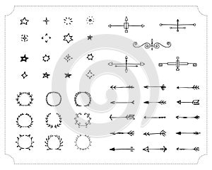 Set of hand-drawn elements. Arrows, laurel wreaths, stars, borders. Vintage. Vector.