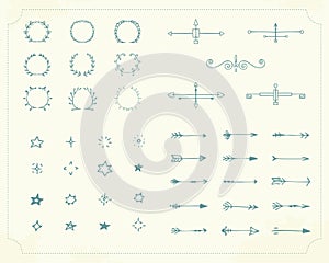 Set of hand-drawn elements. Arrows, laurel wreaths, stars, borders. Vintage. Vector.