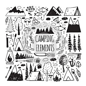 Set of hand-drawn elements for design logo camping