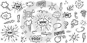 Set of hand drawn elements doodle comic isolated on white background