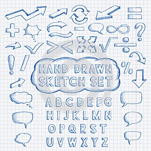 Set of hand drawn elements. Font, mathematics and punctuation symbols, arrows, speech bubbles.