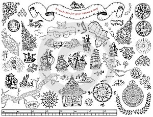 Set with hand drawn elements for treasure hunt and pirate map on white
