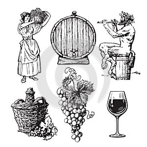 Set of hand drawn elements for wine design. Beautiful peasant woman carrying basket, bunch of grapes, Satyr, bottle