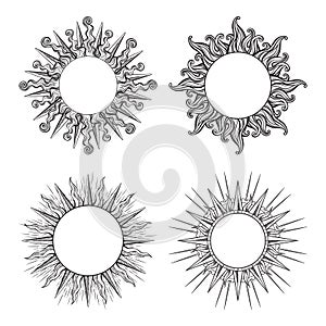 Set of hand drawn etching style frames in a shape of sun rays vector illustration