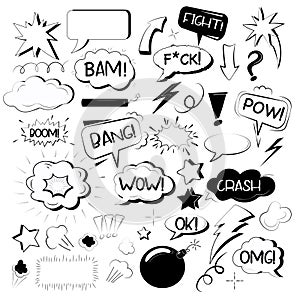 Set of hand drawn explosion, wording sound effect,bomb element. Comic doodle in Pop Art sketch style. Explosion speech