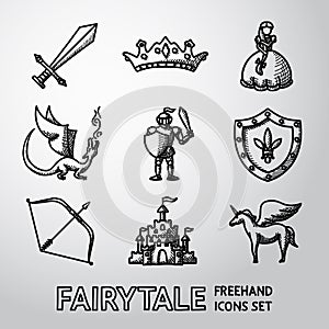 Set of hand drawn fairytale, game icons. Vector
