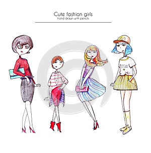 Set of hand drawn fashion girls, drawn with ink and colored pencils, in different hairstyle, dresses, apparel and shoes. Isolated