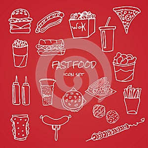 Set of hand drawn fast food icons on red background