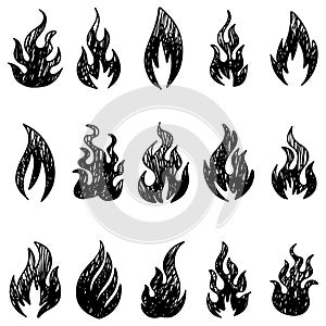 Set of hand drawn fire and fireball isolated on white background. Doodle vector illustration