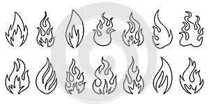 Set of hand drawn fire and fireball isolated on white background. Doodle vector illustration