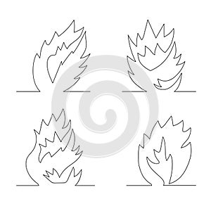 Set of hand-drawn fire one line. Simple sketch collection of the outline of burning balefire. Glowing bonfires. Minimalistic art