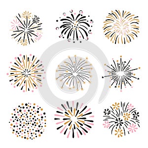 Set of hand drawn fireworks in pink, golden and black colors