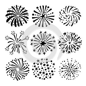 Set of hand drawn fireworks and sunbursts. Isolated black white vector objects, icons.