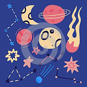 Set of hand drawn flat cartoon space element - rocket, planets and stars isolated on blue