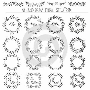 Set of hand drawn floral design elements: corners, curls, wreaths.