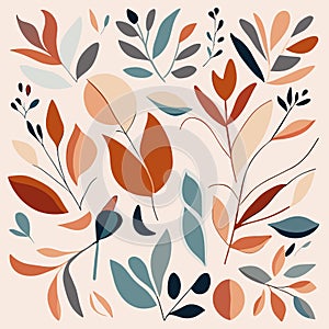 Set of hand drawn floral elements, leaves and twigs.  generative AI