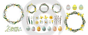 Set of hand drawn floral vector elements, decorated painted eggs isolated on white. Happy Easter. Clip art for your