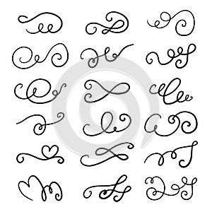 Set of hand drawn flourish swirl ornate decoration elements. Decorative black ink pen curled lines collection