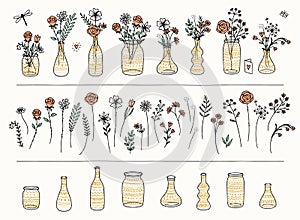 Set of hand drawn flowers and gold patterned vases