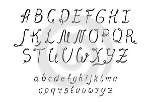 Set of hand drawn font with uppercase and lowercase. Script alphabet letters for design. Calligraphy painted typeface isolated on