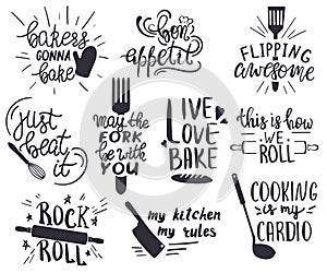 Set of hand drawn funny sayings for kitchen or restaurant poster photo