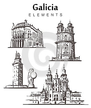 Set of hand-drawn Galicia buildings. Galicia elements sketch illustration photo