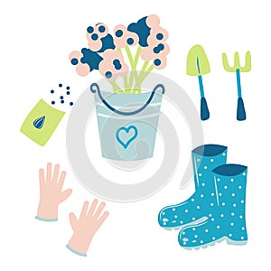 Set of hand drawn gardening tools - flowers in a bucket, gloves, rubber boots and seeds. Vector illustration.