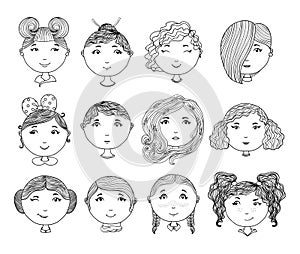 Set of hand drawn girl faces. Cartoon girls. Avatar collection. Vector illustration