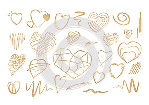 Set of hand drawn gold abstract Valentine's Day hearts in doodle style