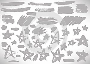 Set of hand drawn gray grunge elements, banners, brush strokes