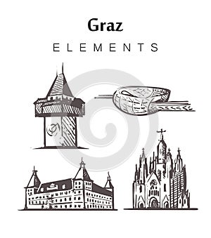 Set of hand-drawn Graz buildings, elements sketch  illustration