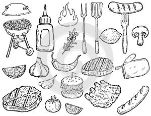 Set of hand drawn grill design elements. Meat, vegetables, grills, kitchen tools. Design elements for poster, menu, flyer.
