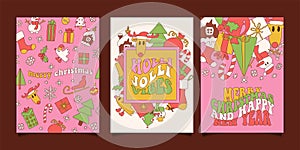 Set of hand drawn groovy Christmas and New year winter holidays posters, cards, banners. Christmas greeting card