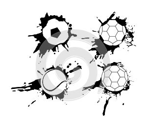 Set of hand drawn grunge banners with soccer ball. Black background with splashes of watercolor ink and blots.