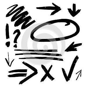 Set of hand drawn grunge black ink marker doodles signs - arrows, lines, cross and V check mark, exclamation, question mark,