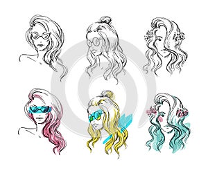 Set of hand drawn hairstyles, vector sketch. Fashion illustration.