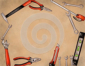 Set of hand drawn hand tools on brown background with place for text