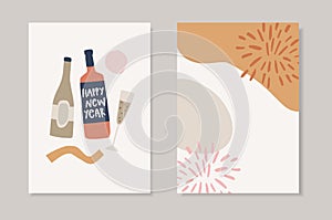 Set of hand drawn Happy New Year greeting cards. Holiday party invitations. Vector illustrations. Wine, champagne