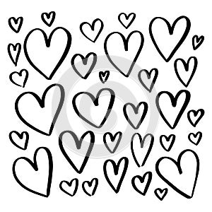 Set of hand drawn hearts. Black ink paintbrush various heart shapes vector illustration isolated on white background. Romantic