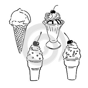 Set of hand drawn ice cream cones and bars