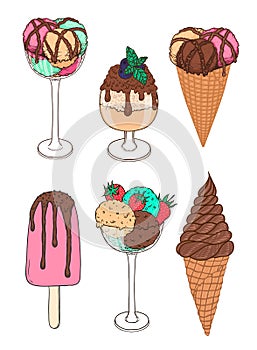 Set of hand drawn ice cream with waffle cone, cup, tall glass, chocolatte