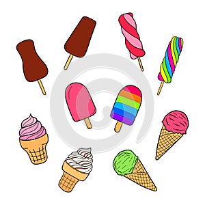 Set of hand-drawn ice-creams. Design sketch element for menu cafe, bistro, restaurant, label and packaging. Vector isolated