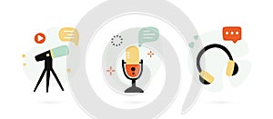 Set of hand drawn icons for podcasting. Social media template. photo