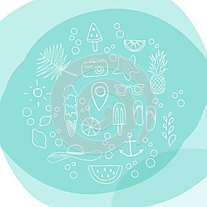 Set: hand drawn icons. Summer time. Vector illustration, hand drawn style