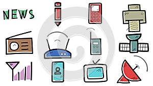 Set of hand-drawn icons about telecommunications.