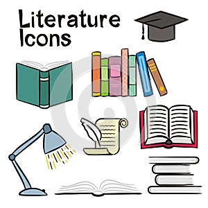 Set of hand-drawn icons on the theme of Literature