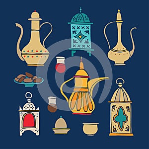 Set of hand drawn iftar dinner icons. Arabic teapot, cup of coffee, plate with date fruit and ornamental lanterns for