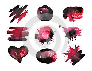 Set of hand drawn illustration of beautiful and bright abstract ink blots in red and black color